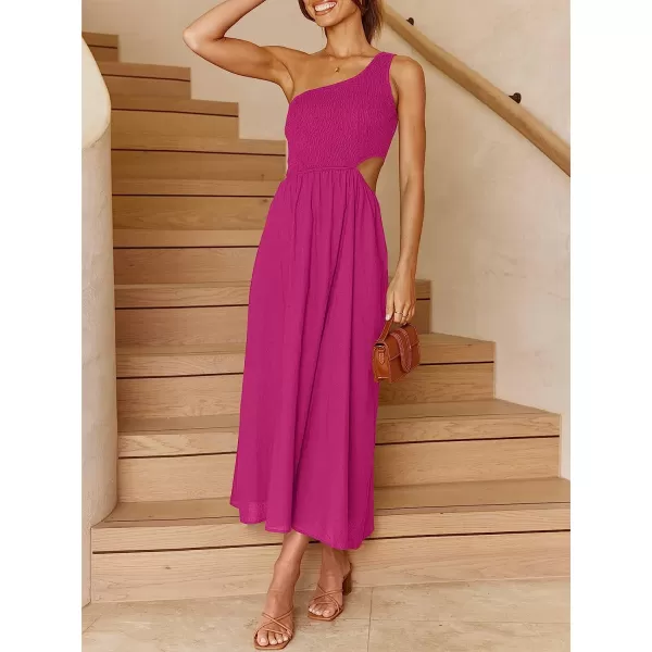 imageANRABESS Womens Summer Sleeveless Smocked One Shoulder Cutout Sundress Flowy ALine Beach Long Maxi DressRose