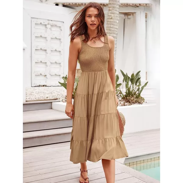 imageANRABESS Womens Summer Sleeveless Smocked Sundress Boho Ruffle Tiered Swing A Line Beach Midi Dress with PocketsApricot