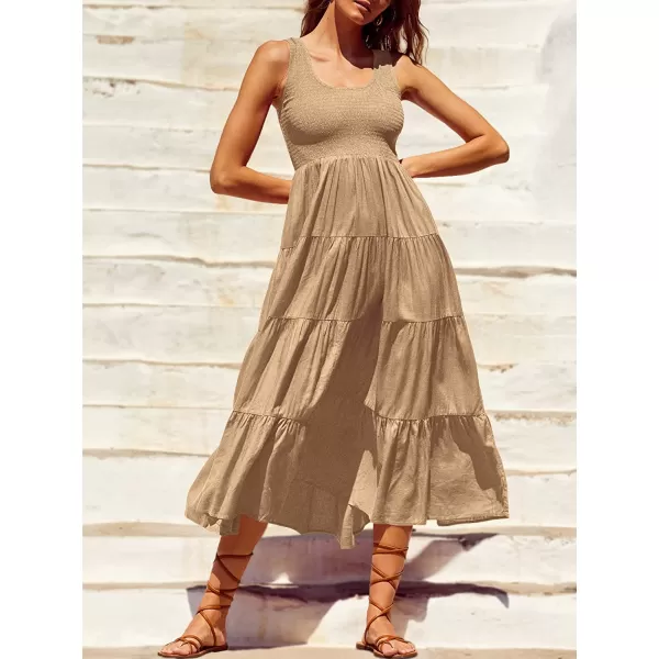 imageANRABESS Womens Summer Sleeveless Smocked Sundress Boho Ruffle Tiered Swing A Line Beach Midi Dress with PocketsApricot