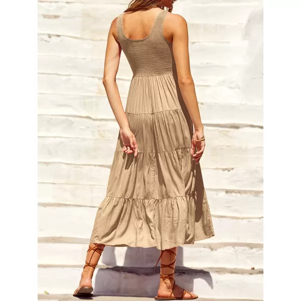 imageANRABESS Womens Summer Sleeveless Smocked Sundress Boho Ruffle Tiered Swing A Line Beach Midi Dress with PocketsApricot