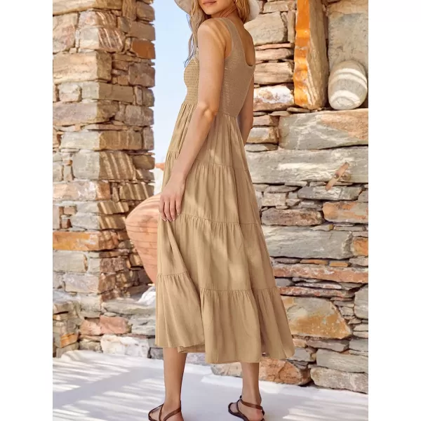 imageANRABESS Womens Summer Sleeveless Smocked Sundress Boho Ruffle Tiered Swing A Line Beach Midi Dress with PocketsApricot