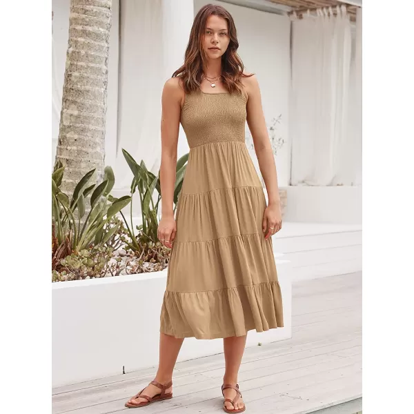 imageANRABESS Womens Summer Sleeveless Smocked Sundress Boho Ruffle Tiered Swing A Line Beach Midi Dress with PocketsApricot