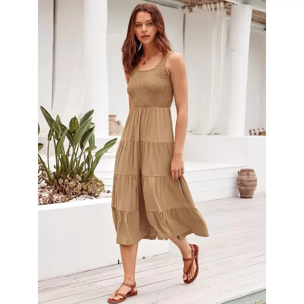 imageANRABESS Womens Summer Sleeveless Smocked Sundress Boho Ruffle Tiered Swing A Line Beach Midi Dress with PocketsApricot