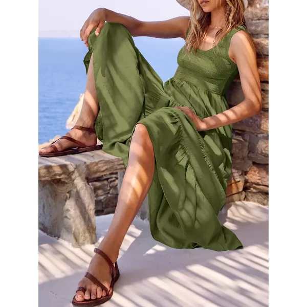 imageANRABESS Womens Summer Sleeveless Smocked Sundress Boho Ruffle Tiered Swing A Line Beach Midi Dress with PocketsArmygreen