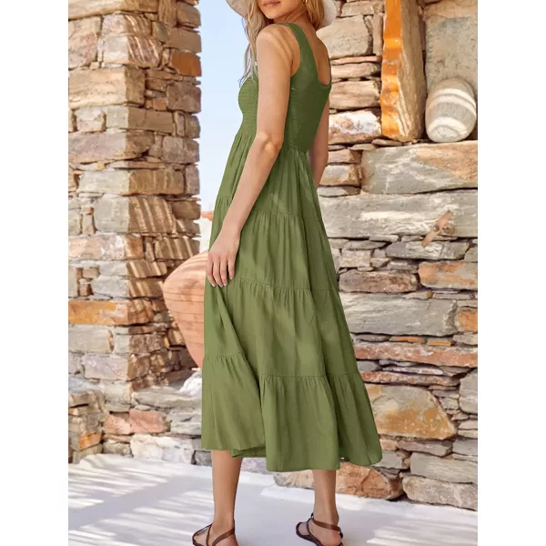 imageANRABESS Womens Summer Sleeveless Smocked Sundress Boho Ruffle Tiered Swing A Line Beach Midi Dress with PocketsArmygreen