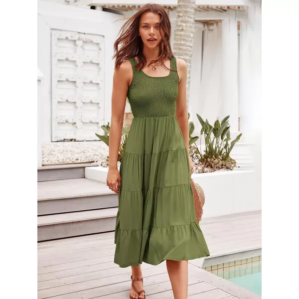 imageANRABESS Womens Summer Sleeveless Smocked Sundress Boho Ruffle Tiered Swing A Line Beach Midi Dress with PocketsArmygreen