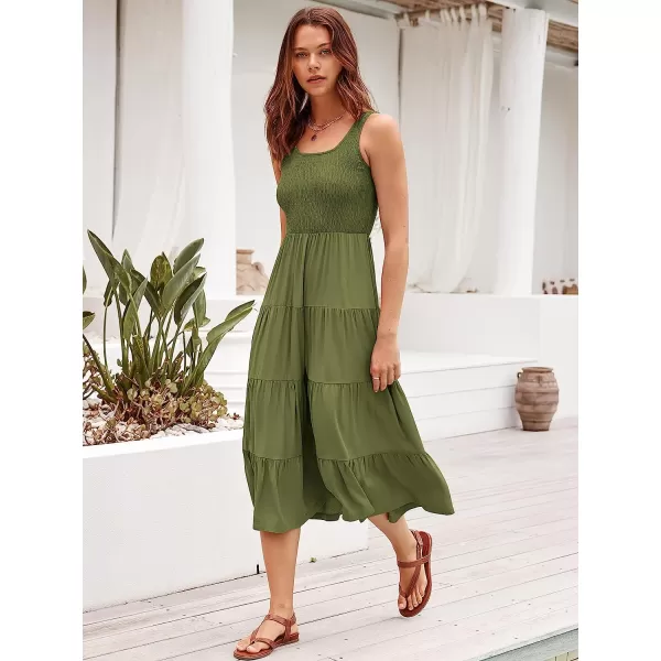 imageANRABESS Womens Summer Sleeveless Smocked Sundress Boho Ruffle Tiered Swing A Line Beach Midi Dress with PocketsArmygreen