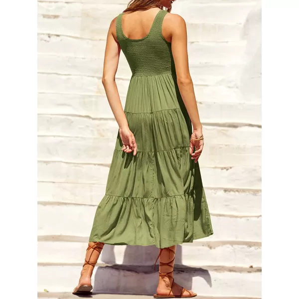 imageANRABESS Womens Summer Sleeveless Smocked Sundress Boho Ruffle Tiered Swing A Line Beach Midi Dress with PocketsArmygreen