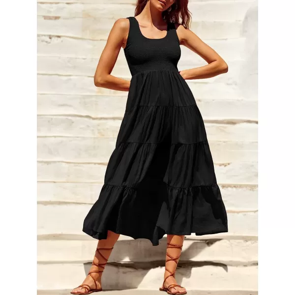 imageANRABESS Womens Summer Sleeveless Smocked Sundress Boho Ruffle Tiered Swing A Line Beach Midi Dress with PocketsBlack