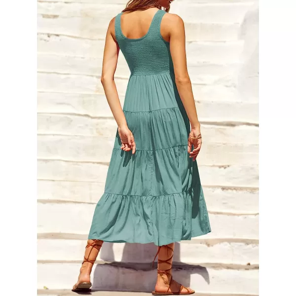 imageANRABESS Womens Summer Sleeveless Smocked Sundress Boho Ruffle Tiered Swing A Line Beach Midi Dress with PocketsBlue Green