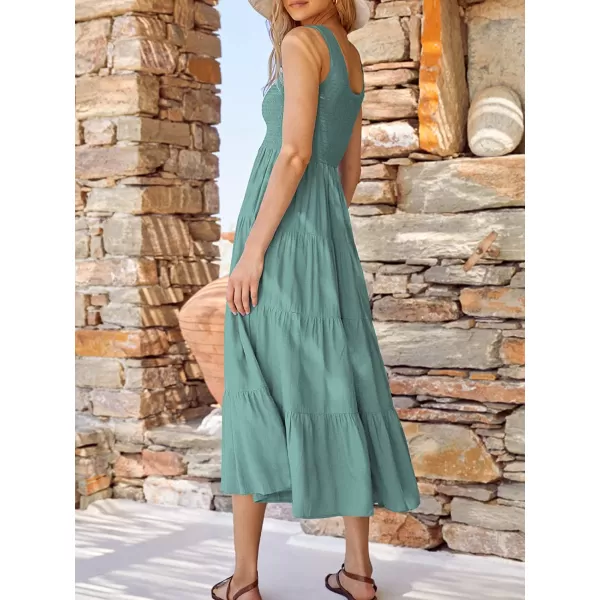 imageANRABESS Womens Summer Sleeveless Smocked Sundress Boho Ruffle Tiered Swing A Line Beach Midi Dress with PocketsBlue Green