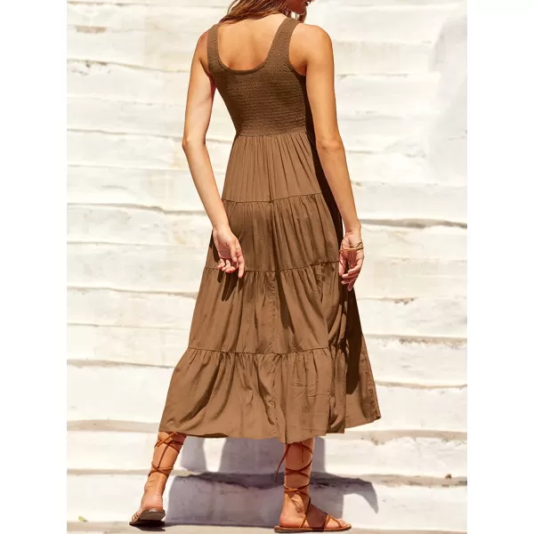 imageANRABESS Womens Summer Sleeveless Smocked Sundress Boho Ruffle Tiered Swing A Line Beach Midi Dress with PocketsBrown