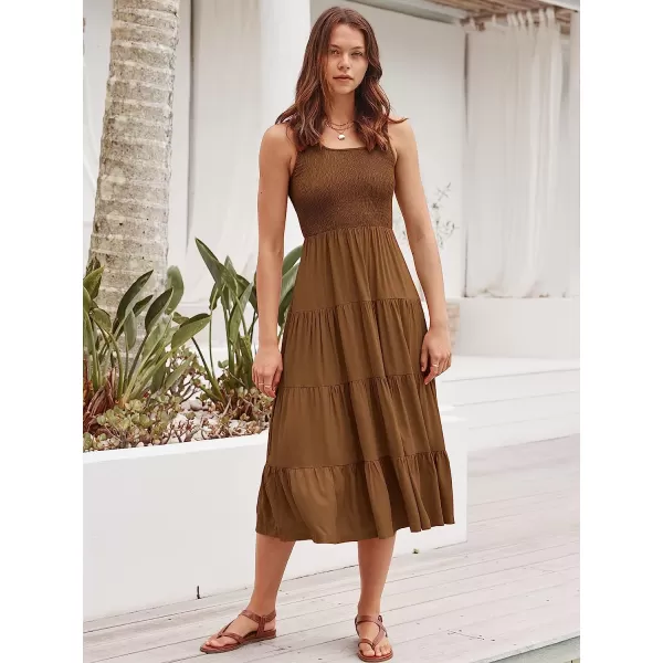 imageANRABESS Womens Summer Sleeveless Smocked Sundress Boho Ruffle Tiered Swing A Line Beach Midi Dress with PocketsBrown