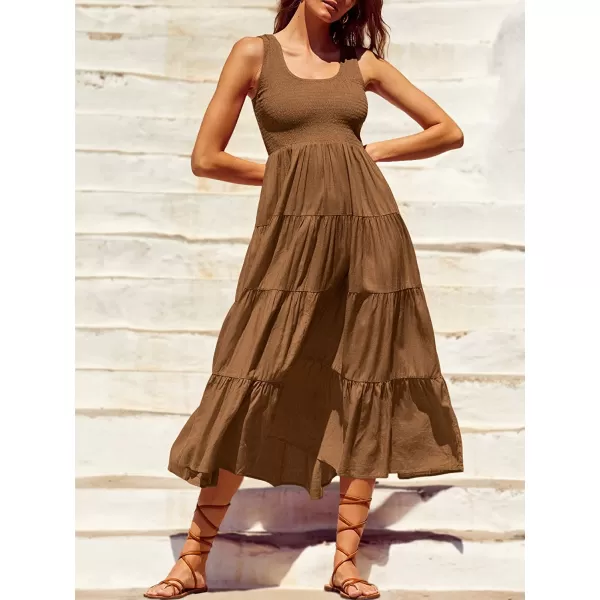 imageANRABESS Womens Summer Sleeveless Smocked Sundress Boho Ruffle Tiered Swing A Line Beach Midi Dress with PocketsBrown