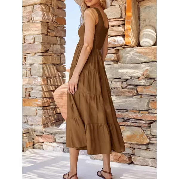 imageANRABESS Womens Summer Sleeveless Smocked Sundress Boho Ruffle Tiered Swing A Line Beach Midi Dress with PocketsBrown