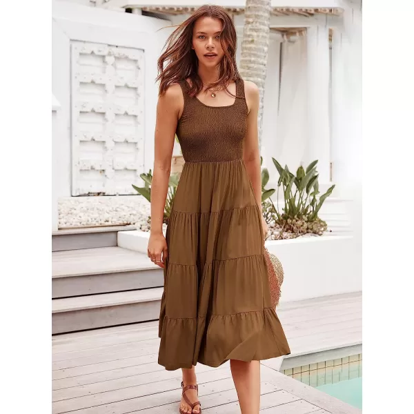 imageANRABESS Womens Summer Sleeveless Smocked Sundress Boho Ruffle Tiered Swing A Line Beach Midi Dress with PocketsBrown