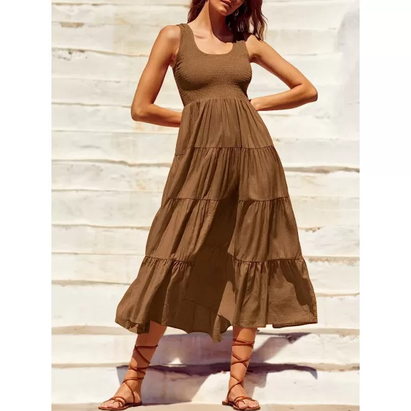 imageANRABESS Womens Summer Sleeveless Smocked Sundress Boho Ruffle Tiered Swing A Line Beach Midi Dress with PocketsBrown