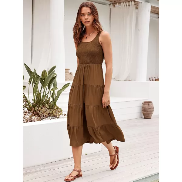 imageANRABESS Womens Summer Sleeveless Smocked Sundress Boho Ruffle Tiered Swing A Line Beach Midi Dress with PocketsBrown