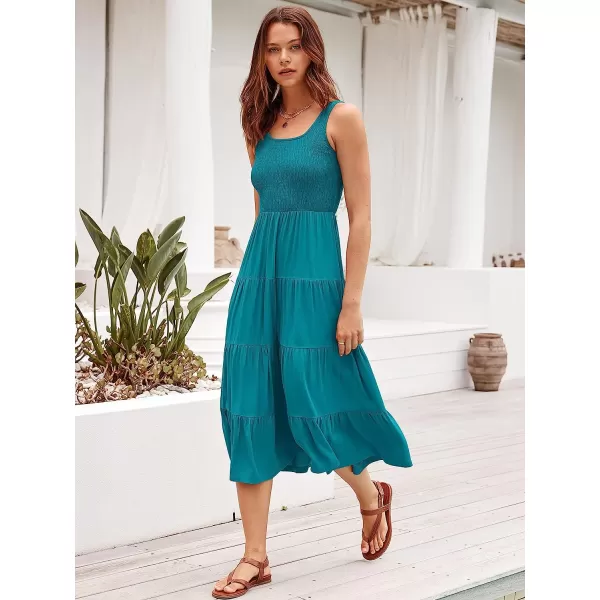 imageANRABESS Womens Summer Sleeveless Smocked Sundress Boho Ruffle Tiered Swing A Line Beach Midi Dress with PocketsCyanblue