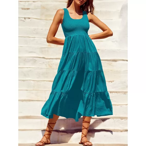imageANRABESS Womens Summer Sleeveless Smocked Sundress Boho Ruffle Tiered Swing A Line Beach Midi Dress with PocketsCyanblue