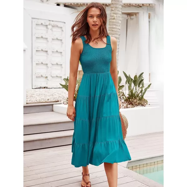 imageANRABESS Womens Summer Sleeveless Smocked Sundress Boho Ruffle Tiered Swing A Line Beach Midi Dress with PocketsCyanblue