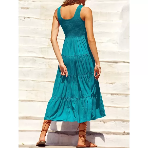 imageANRABESS Womens Summer Sleeveless Smocked Sundress Boho Ruffle Tiered Swing A Line Beach Midi Dress with PocketsCyanblue