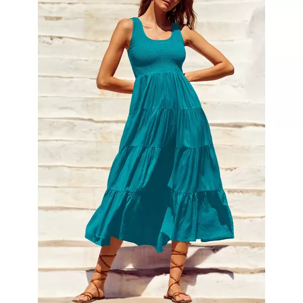 imageANRABESS Womens Summer Sleeveless Smocked Sundress Boho Ruffle Tiered Swing A Line Beach Midi Dress with PocketsCyanblue