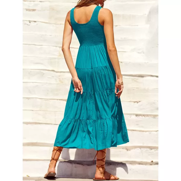imageANRABESS Womens Summer Sleeveless Smocked Sundress Boho Ruffle Tiered Swing A Line Beach Midi Dress with PocketsCyanblue