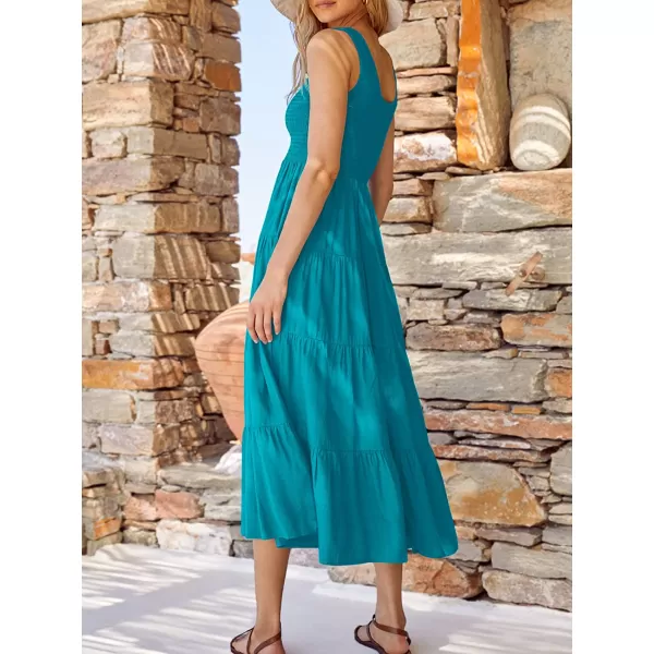 imageANRABESS Womens Summer Sleeveless Smocked Sundress Boho Ruffle Tiered Swing A Line Beach Midi Dress with PocketsCyanblue