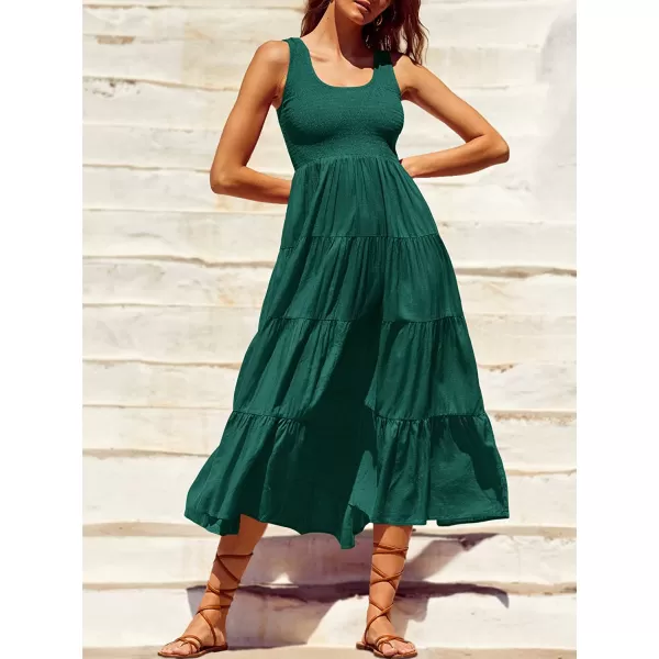 imageANRABESS Womens Summer Sleeveless Smocked Sundress Boho Ruffle Tiered Swing A Line Beach Midi Dress with PocketsDarkgreen