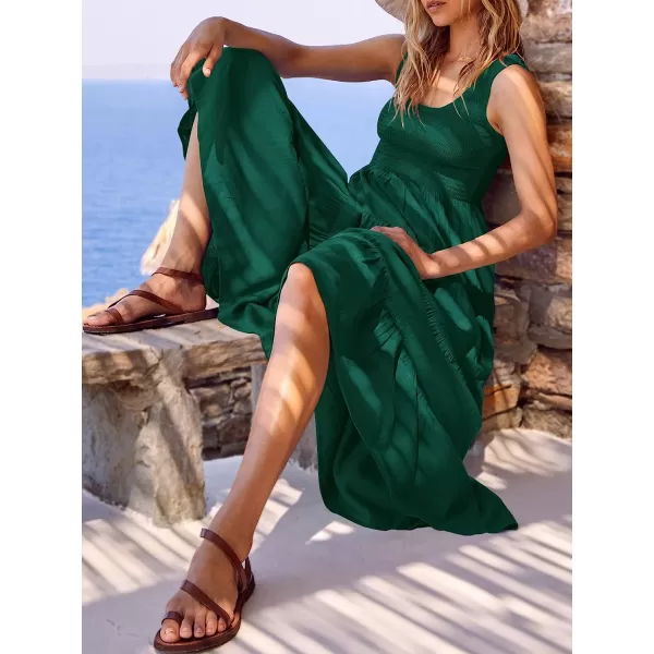imageANRABESS Womens Summer Sleeveless Smocked Sundress Boho Ruffle Tiered Swing A Line Beach Midi Dress with PocketsDarkgreen