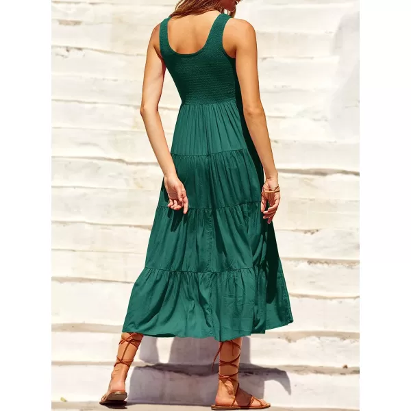 imageANRABESS Womens Summer Sleeveless Smocked Sundress Boho Ruffle Tiered Swing A Line Beach Midi Dress with PocketsDarkgreen