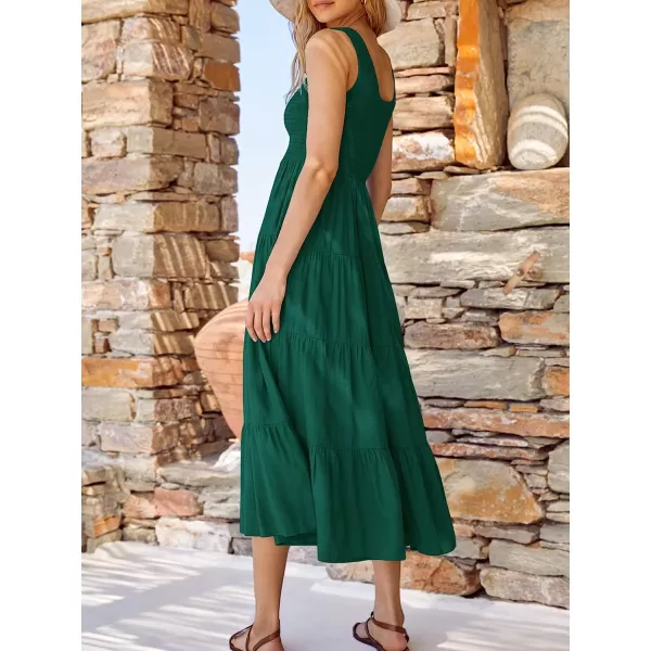 imageANRABESS Womens Summer Sleeveless Smocked Sundress Boho Ruffle Tiered Swing A Line Beach Midi Dress with PocketsDarkgreen