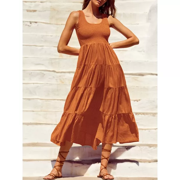 imageANRABESS Womens Summer Sleeveless Smocked Sundress Boho Ruffle Tiered Swing A Line Beach Midi Dress with PocketsDarkyellow