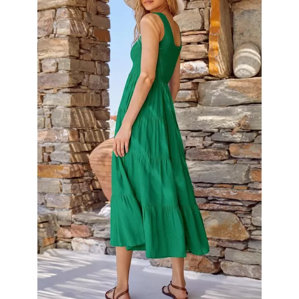 imageANRABESS Womens Summer Sleeveless Smocked Sundress Boho Ruffle Tiered Swing A Line Beach Midi Dress with PocketsGreen
