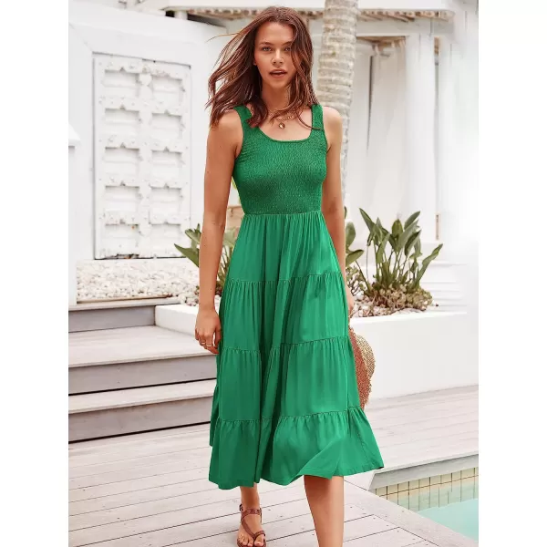 imageANRABESS Womens Summer Sleeveless Smocked Sundress Boho Ruffle Tiered Swing A Line Beach Midi Dress with PocketsGreen