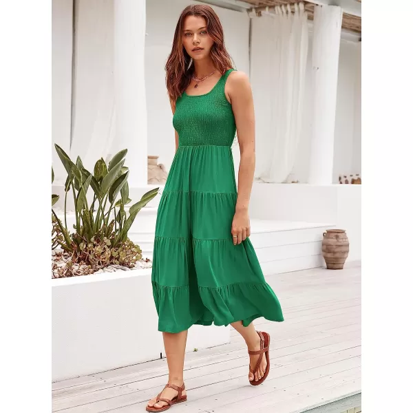 imageANRABESS Womens Summer Sleeveless Smocked Sundress Boho Ruffle Tiered Swing A Line Beach Midi Dress with PocketsGreen