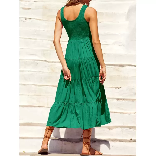 imageANRABESS Womens Summer Sleeveless Smocked Sundress Boho Ruffle Tiered Swing A Line Beach Midi Dress with PocketsGreen