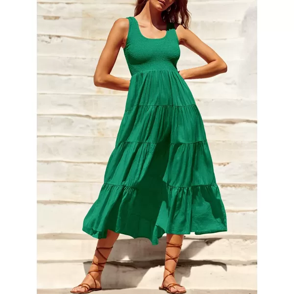 imageANRABESS Womens Summer Sleeveless Smocked Sundress Boho Ruffle Tiered Swing A Line Beach Midi Dress with PocketsGreen
