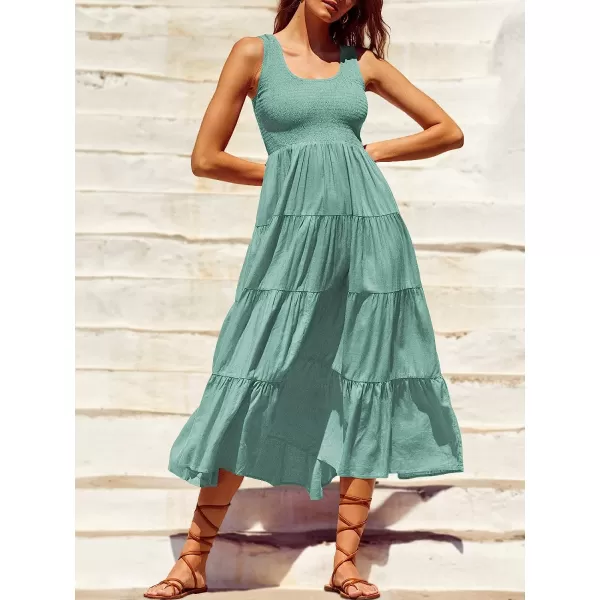 imageANRABESS Womens Summer Sleeveless Smocked Sundress Boho Ruffle Tiered Swing A Line Beach Midi Dress with PocketsLake