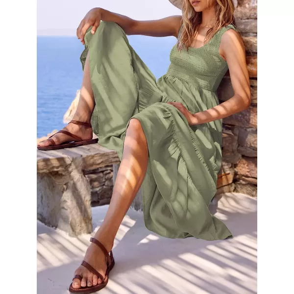 imageANRABESS Womens Summer Sleeveless Smocked Sundress Boho Ruffle Tiered Swing A Line Beach Midi Dress with PocketsLight Green