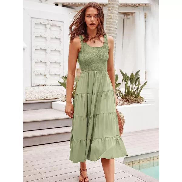 imageANRABESS Womens Summer Sleeveless Smocked Sundress Boho Ruffle Tiered Swing A Line Beach Midi Dress with PocketsLight Green