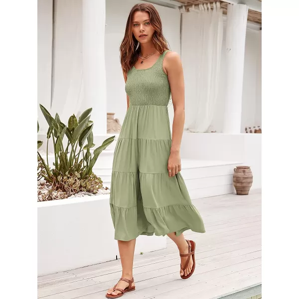 imageANRABESS Womens Summer Sleeveless Smocked Sundress Boho Ruffle Tiered Swing A Line Beach Midi Dress with PocketsLight Green