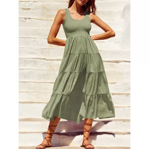 imageANRABESS Womens Summer Sleeveless Smocked Sundress Boho Ruffle Tiered Swing A Line Beach Midi Dress with PocketsLight Green