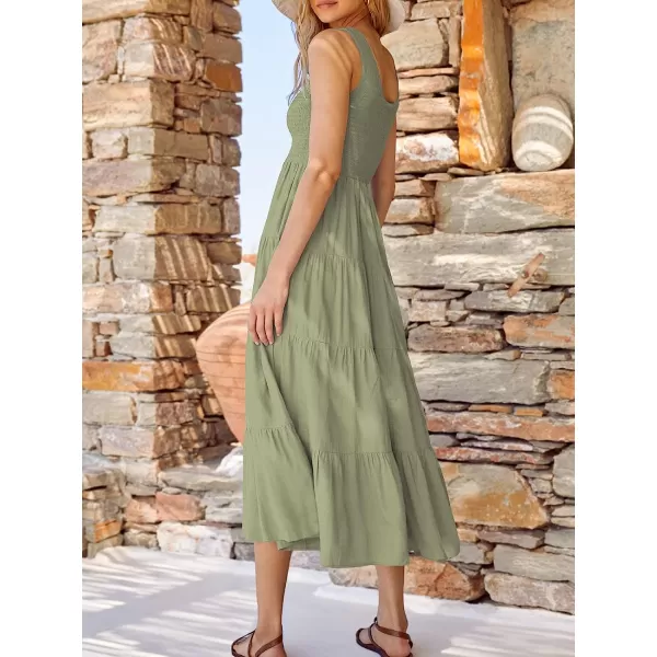 imageANRABESS Womens Summer Sleeveless Smocked Sundress Boho Ruffle Tiered Swing A Line Beach Midi Dress with PocketsLight Green