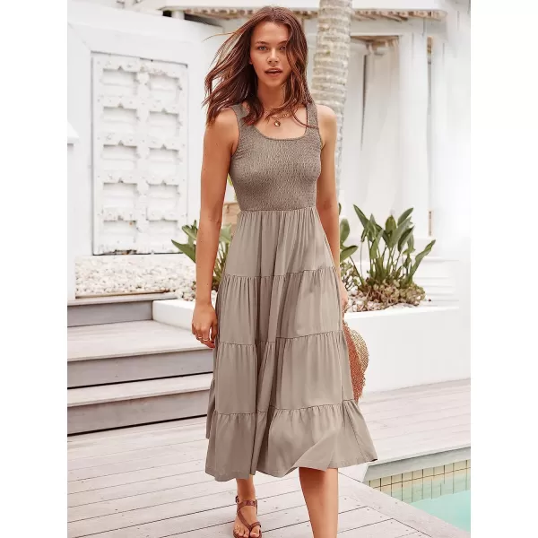 imageANRABESS Womens Summer Sleeveless Smocked Sundress Boho Ruffle Tiered Swing A Line Beach Midi Dress with PocketsLightgray
