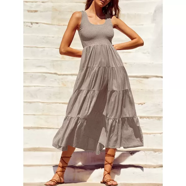 imageANRABESS Womens Summer Sleeveless Smocked Sundress Boho Ruffle Tiered Swing A Line Beach Midi Dress with PocketsLightgray