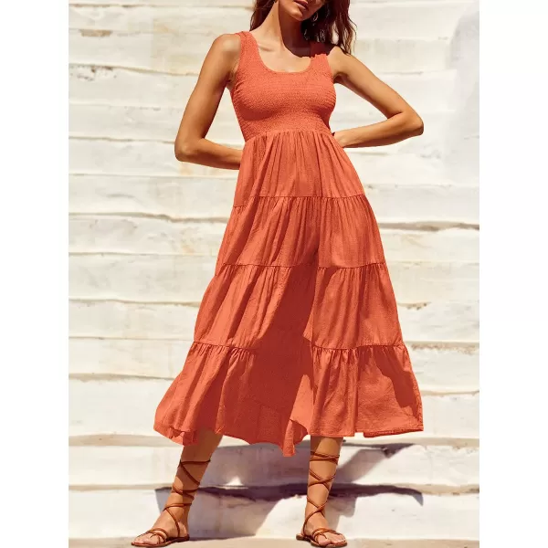 imageANRABESS Womens Summer Sleeveless Smocked Sundress Boho Ruffle Tiered Swing A Line Beach Midi Dress with PocketsOrange