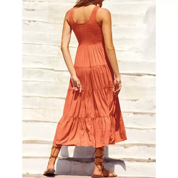imageANRABESS Womens Summer Sleeveless Smocked Sundress Boho Ruffle Tiered Swing A Line Beach Midi Dress with PocketsOrange
