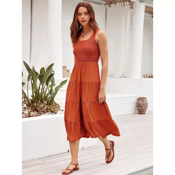 imageANRABESS Womens Summer Sleeveless Smocked Sundress Boho Ruffle Tiered Swing A Line Beach Midi Dress with PocketsOrange